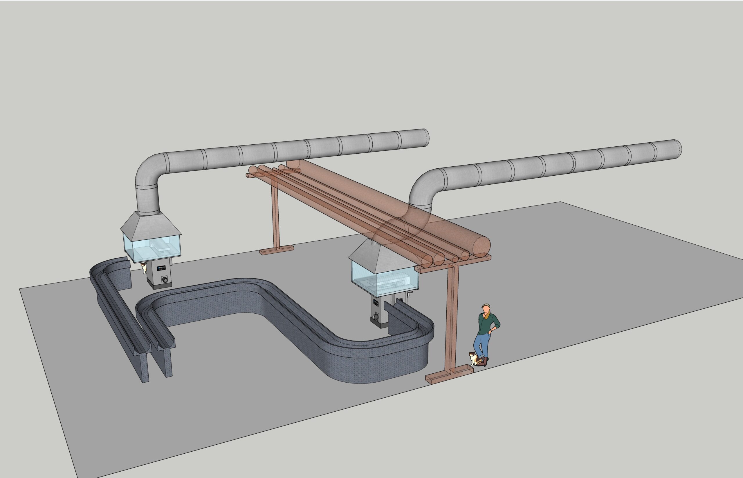 Schemă 3D a unui sistem de extracție pentru zona de etichetare, cu conducte de aer, hote de captare și traseu tehnic de ventilație industrială.