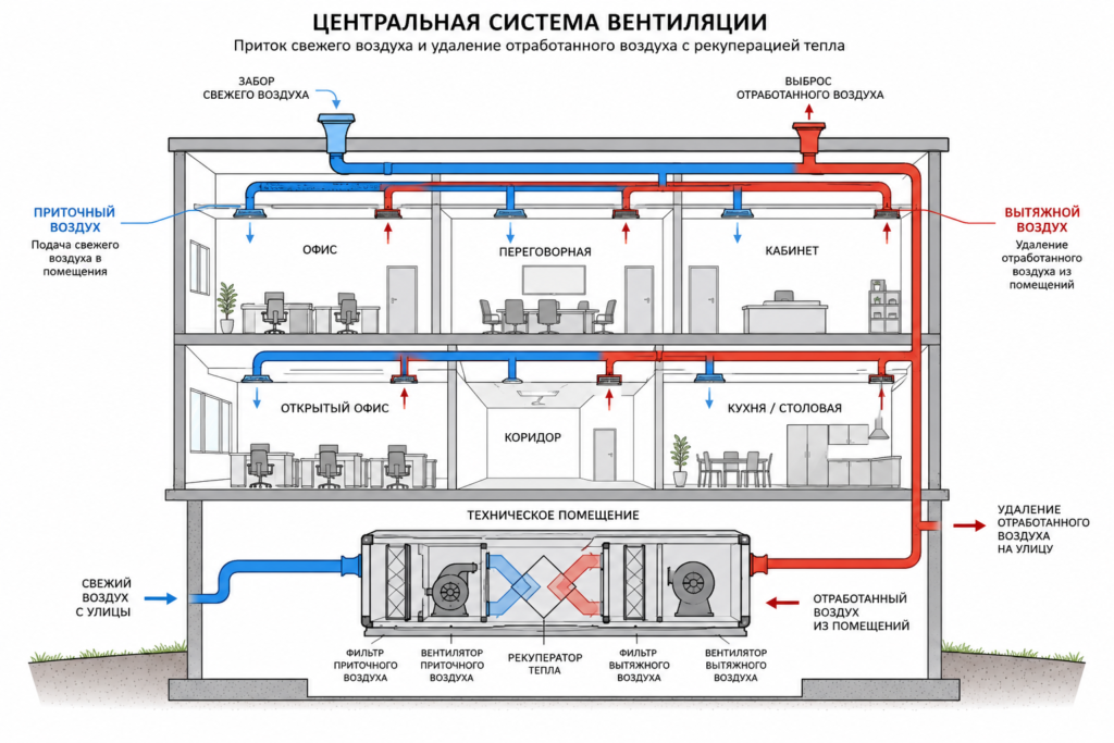 Схема центральной приточно-вытяжной вентиляции в коммерческом здании — распределение воздуха через воздуховоды