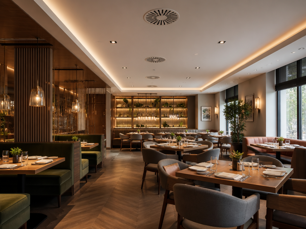 Difuzoare de ventilație la tavan în sala restaurantului — distribuție uniformă a aerului fără curenți