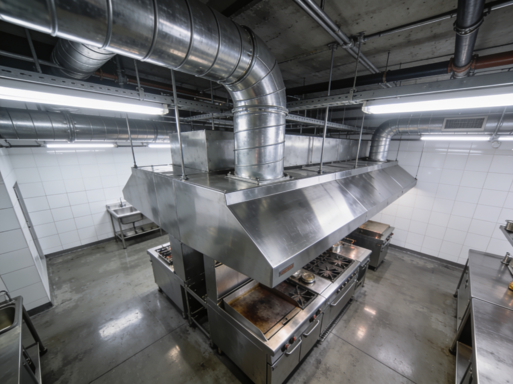 Hotă de evacuare deasupra echipamentelor de gătit într-o bucătărie comercială — ventilația zonei de preparare